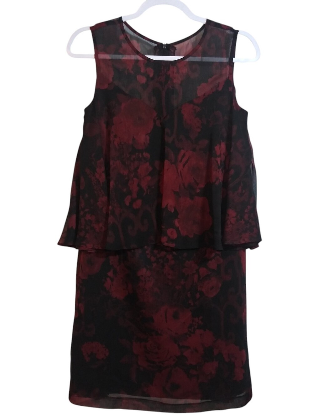 Dark Feminine Red and Black Floral Layered Sleeveless Dress Size S